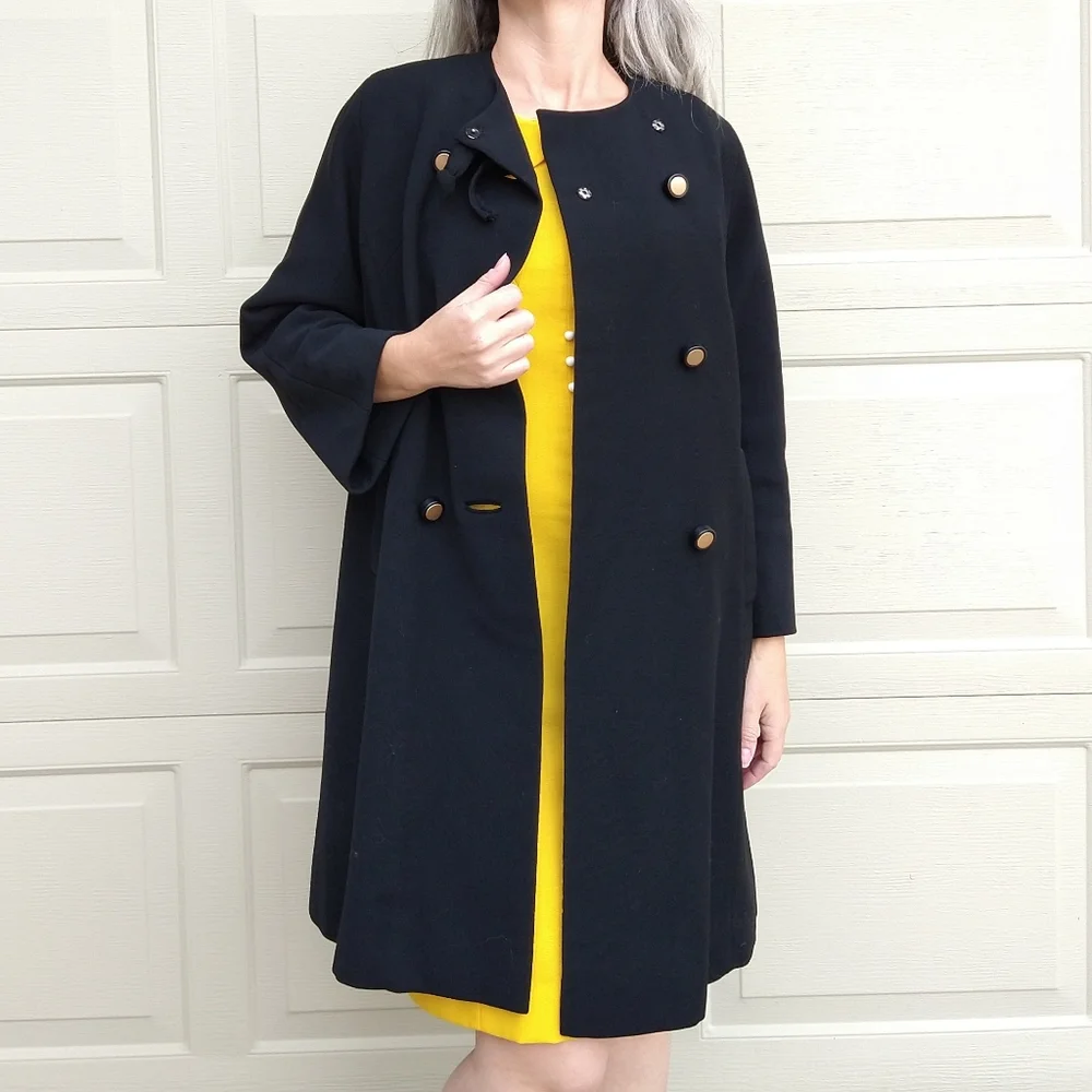 BLACK WOOL WEAVE COAT vintage 1960's 60's S M - Picture 4 of 10